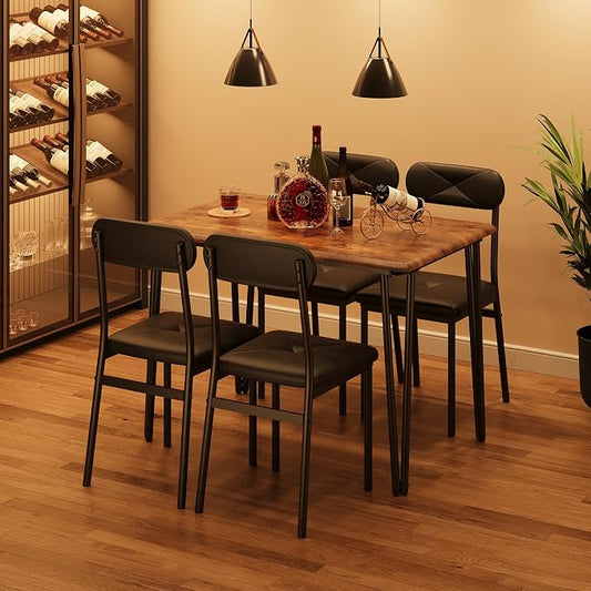 CABIHOME 4-Piece Compact Office Desk and Chair Set, Space Saving Dining Table and Chairs, Multi-Purpose MDF Table Set with Ergonomic Cushioned Chairs, Vintage Brown Waterproof, for Small Apartment/Kit