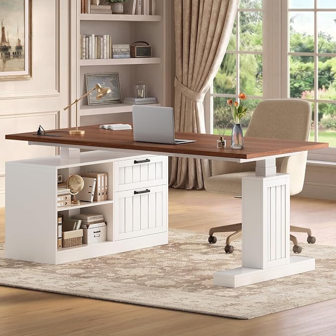 UPOSOJA 59" Farmhouse L Shaped Standing Desk with File Drawers, Electric Executive Desk Adjustable Height with Power Outlets, Storage Shelves, Sit Stand Corner Computer Desk for Home Office, White