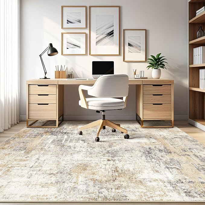 Square Rug 7x7 Living Room: Large Washable Abstract Modern Soft Area Rug Stain Resistant Indoor Floor Non-Slip Accent Carpet for Bedroom Nursery Playroom Dining Room Office Dorm Home Decor- Gray Gold