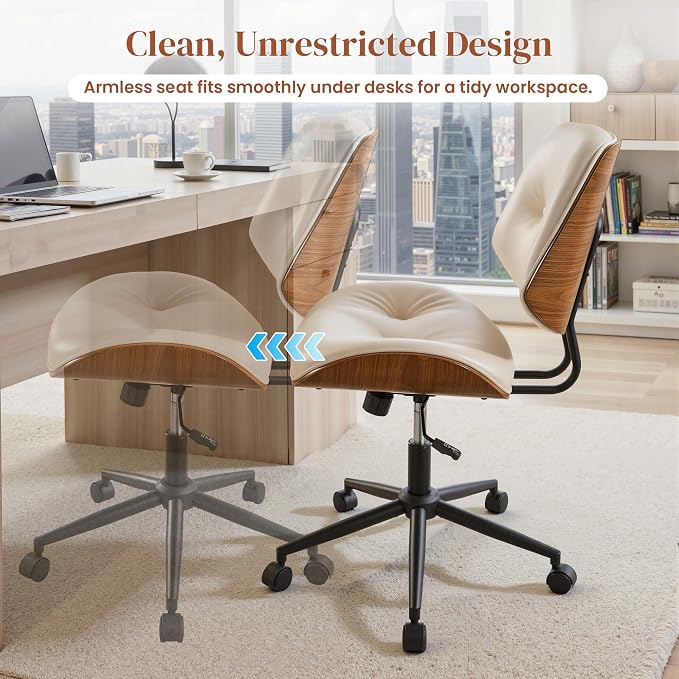 Armless Office Chair with Wheels, PU Leather Adjustable Height Desk Chairs, Modern Walnut 360° Swivel Mid Back Computer Chair for Small Space Meeting Room, Beige