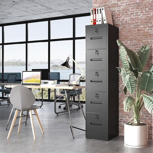 5 Drawer Metal File Cabinet with 5 Unique Locks Black Heavy Duty Locking File Cabinets Home Office Steel Filing Cabinet Vertical File Cabinets for Legal/Letter Size File,Assembly Required