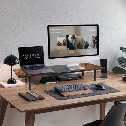 Across-Star Dual-Monitor-Stand-Riser-For-Desk Adjustable Length 32-40 Inch,Large Desktop Computer Monitor Riser For 2 Screens,Desk Shelf Organizer Riser Stand For Computer/Laptop/PC/Printer/TV Black
