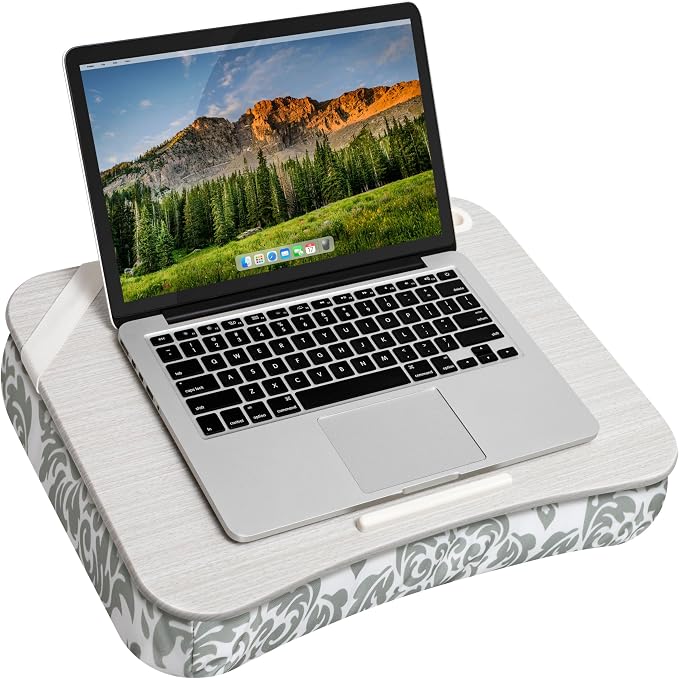 LAPGEAR Designer Lap Desk with Phone Holder and Device Ledge - Gray Damask - Fits up to 15.6 Inch Laptops - Style No. 45424