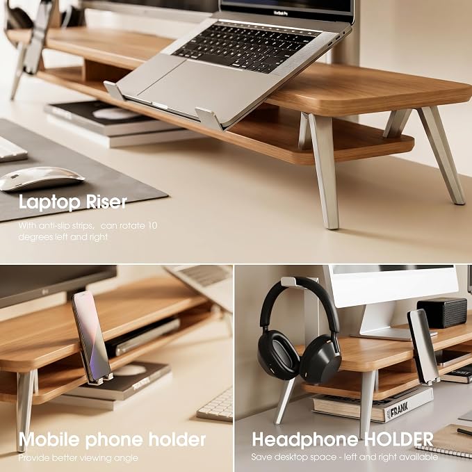 Fenge Dual Monitor Stand, Monitor Riser for 2 Monitors with Adjustable Laptop Riser , 42.5 Inch Desk Shelf for Top of Desk with Phone Holder& Headphone Stand