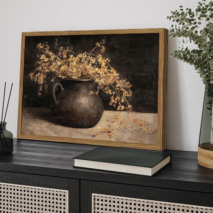 Framed Vintage Floral Wall Art, 3D Textured Sandstone Dark Still Life Flowers Wall Decor Paintings, Rustic Botanical Pictures Prints Aesthetic Home Decor for Living Room Bedroom 16x24 inch