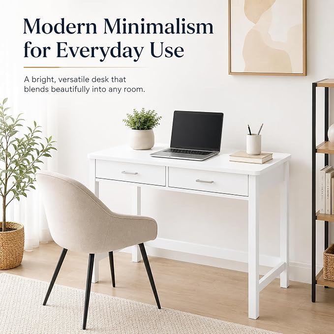 4NM 39.4" Small Desk with Wood Drawers, Home Office Computer Desk with Wooden Legs, Study Writing Table Vanity Desk for Small Spaces - White