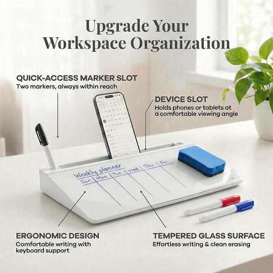 Birch Desktop Glass Whiteboard with Magnetic Weekly Calendar – Dry Erase Board, Keyboard Stand, Hidden Storage, Adjustable Dividers, 3 Markers & Eraser – Office, Home, School – Cloud