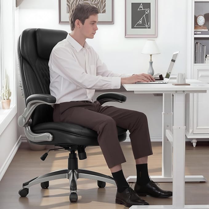 Executive Office Chair-Ergonomic Computer Desk Chair, High Back Leather Chair with Padded Flip-up Arms, Swivel Home Office Chair Upgraded Caster-Black
