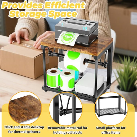Label Holder for Rolls and Fan-Fold Labels, Wooden Sticker Dispenser for Desktop Thermal Printer, Sticker Roll Holder Organizer, Shipping Label Stand for Home, Office, Small Business (Black)