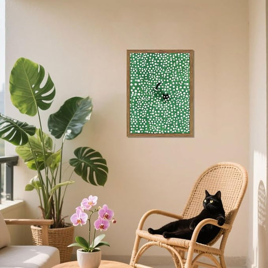 Framed Floral Black Cat Canvas Wall Art, Cute Black Cat in Daisy Field Painting, Animal Poster Print, Modern Home Aesthetic Wall Decor, Flowers Canvas Artwork for Bedroom Living Room 8x10 inch