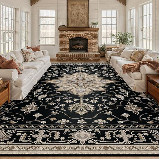 RELEANY Area Rugs Large 10'x12' Washable Non-Slip, Floral Vintage Distress Medallion Carpet for Living Room Bedroom Dining Room, Black Brown Neutral Dark Tan