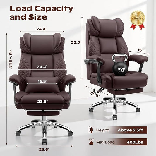 Office Desk Chair with Footrest, Big and Tall Executive Office Computer Chair, Extra Wide 400LBS Heavy Duty Office Chair, High Back Ergonomic Office Gaming Chair with Adjustable Lumbar Support