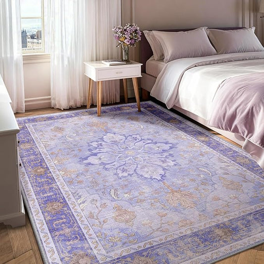 RELEANY Area Rugs 7'x9' Washable Non-Slip, Floral Vintage Distress Medallion Carpet for Living Room Bedroom Dining Room, Light Purple Brown