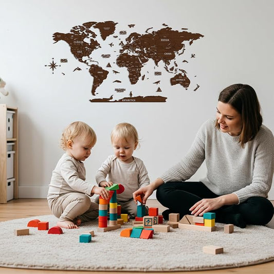 Colorfull Worlds, Multilayer 3D Wooden World Map, Travel Map States and Capitals, Wall Decor For New House, Gift For Travelers, Office Decor, Birthday Present, Living Room Decoration (M, Light Brown)