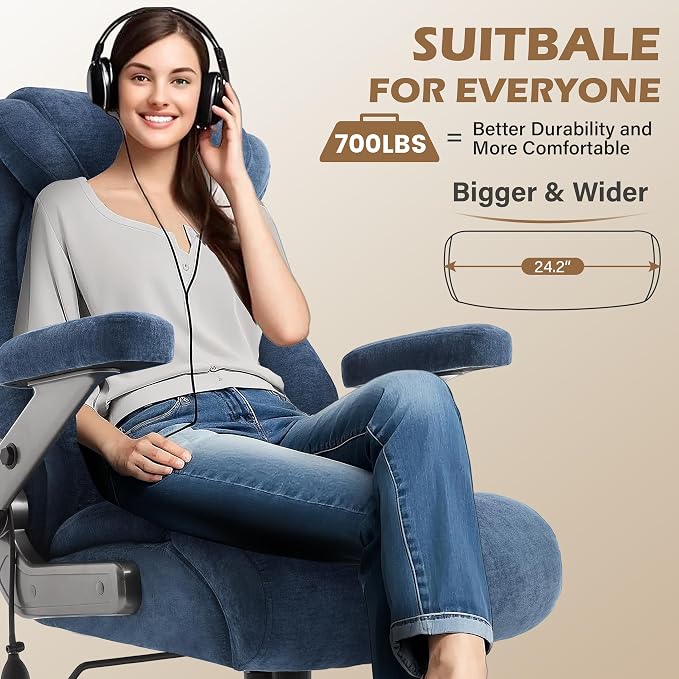 Fabric 700lbs Big and Tall Office Chair, Ergonomic Heavy Duty Executive Cloth Office Chair with 5D Flip Arms & Adjustable Lumbar Support & Dual Rubber Wheel, Large Thick Padded Extra Wide Seat, Blue