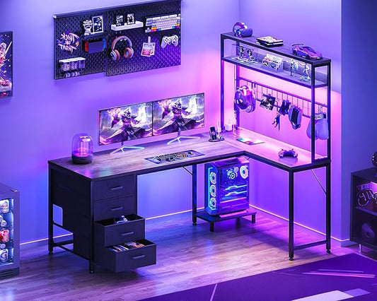 AODK L Shaped Gaming Desk with Hutch, 59" Computer Desk with 4 Drawers & Storage Shelves, Reversible Corner Desk with LED Light & Power Outlets, Gamer Table for for Home Office, Gray Oak