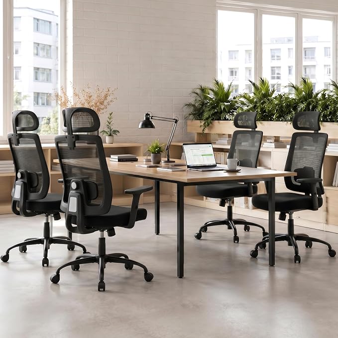 Ergonomic Office Chair with Headrest, Mesh Office Chair for Long Sitting, Comfortable Desk Chair with Flip-Up Arms, Adjustable Swivel Computer Chair for Home Office, Study, Gaming, Black