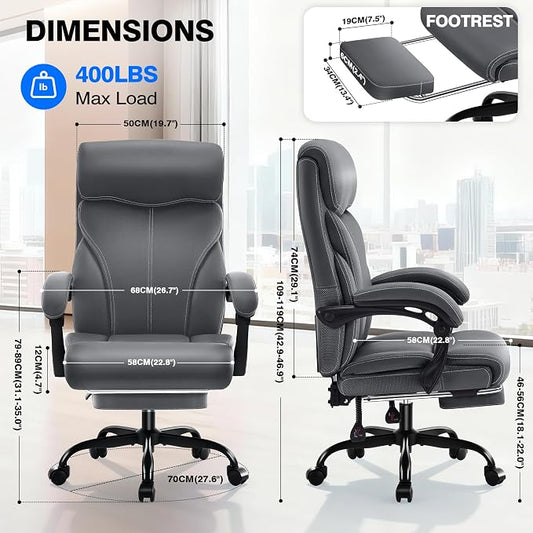 AreShark Office Chair - Ergonomic Comfortable High Back Computer Desk Chair with Foot Rest - Executive Breathable Swivel Rolling Reclining Leather Chair with Lumbar Support for Home Gaming Relaxing
