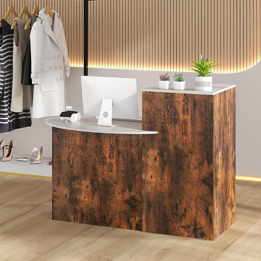 Tangkula Reception Desk, Front Counter Desk with Lockable Drawers, L Shaped Retail Counter with Oval Desktop, Checkout Computer Workstation for Salon Lobby Home Office