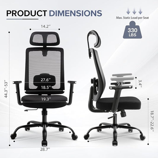 Ergonomic Office Chair with Headrest, Mesh Office Chair for Long Sitting, Comfortable Desk Chair with Flip-Up Arms, Adjustable Swivel Computer Chair for Home Office, Study, Gaming, Black
