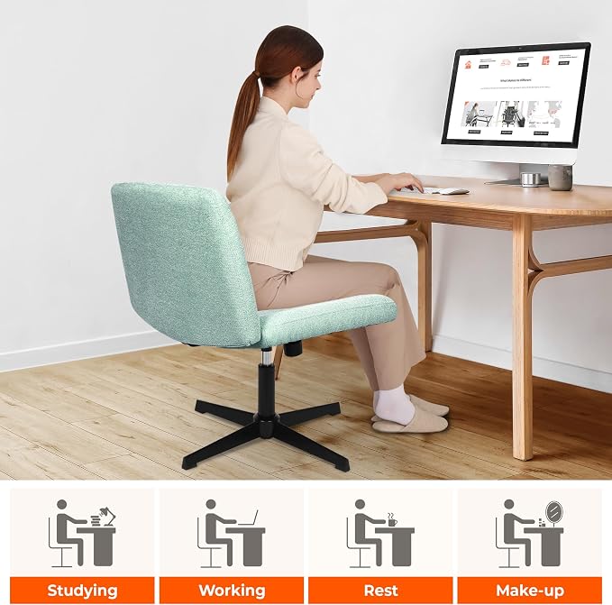 NEO Chair Criss Cross Chair No Wheel Vanity Desk Chair Wide Armless Cross Legged Office Comfy Makeup Adjustable Computer Task for Home Office Fabric (Mint)