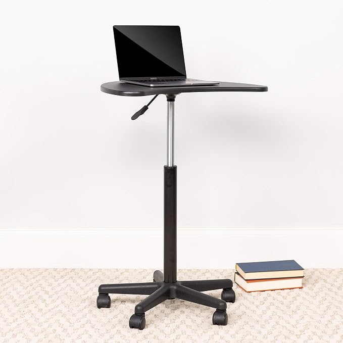 Flash Furniture Eve Sit to Stand Mobile Laptop Desk/Speaker's Lectern with Wheels, Modern Height-Adjustable Portable Standing Computer Desk, Black