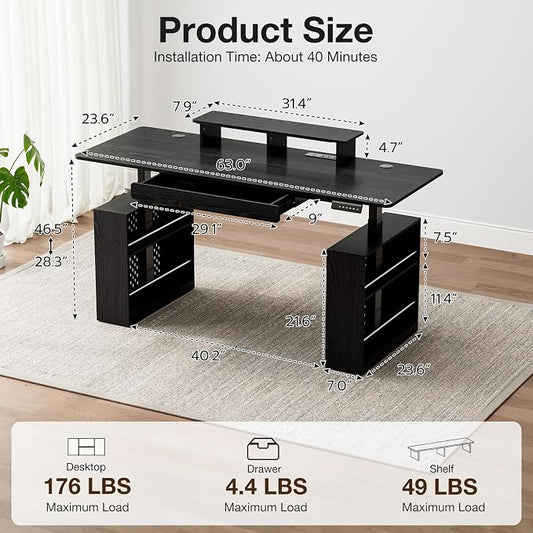 63x24 Electric Standing Desk with Drawer & Power Outlet, Ergonomic Sit Stand Desk with LED Lights, 2 Pegboards Storage, Monitor Stand, Height Adjustable 28.3"-47.2" for Home & Office, Black