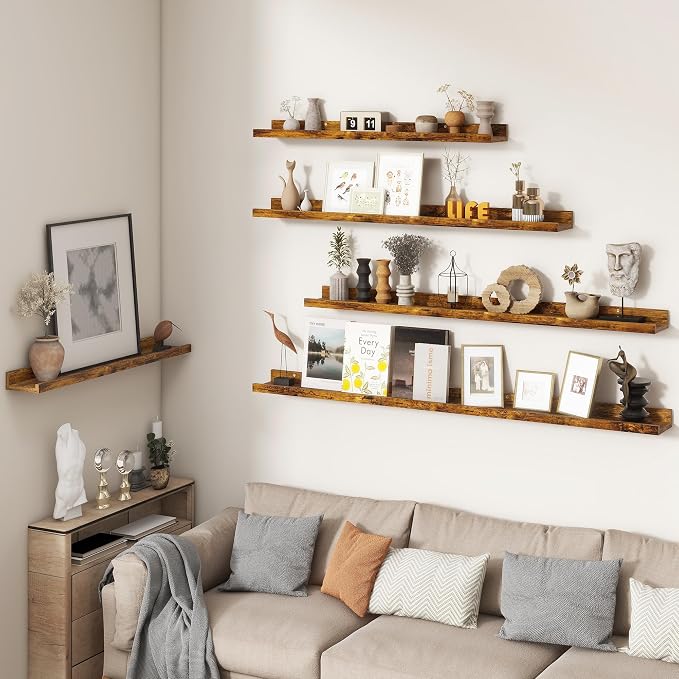 FLYJOE Picture Ledge Shelf, Floating Shelves Set of 2, 44 Inches Nursery Book Shelves for Toys Storage, Kids Bookshelf Wall Mounted for Living Room Bedroom Decor Books Photo Frames, Rustic Brown