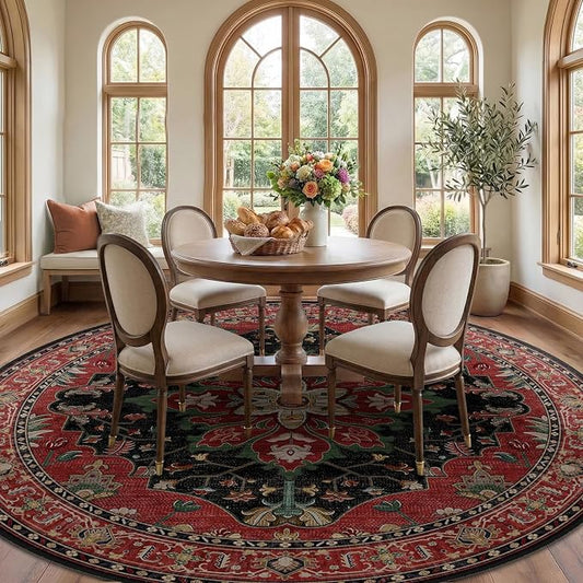 RELEANY Area Rugs Round 8ft Washable Non-Slip, Floral Vintage Distress Medallion Carpet for Living Room Bedroom Dining Room, Red Black