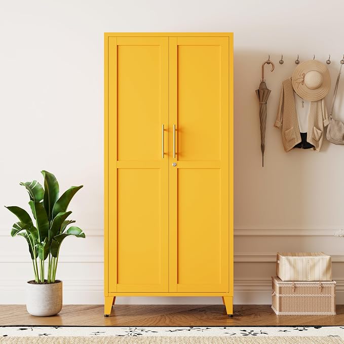 Metal Storage Cabinet with Lock,Yellow Steel Tool Cabinet with 3 Adjustable Shelves,61 Tall Freestanding Heavy Duty Garage Locker for Home Office Kitchen 61" H X 27.6" W X 13.8" D