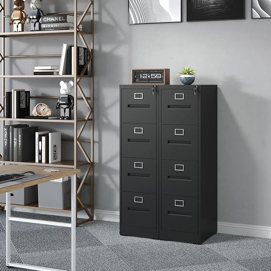 4 Drawer File Cabinet with Lock, Metal Vertical Filing Storage Cabinet for Home Office, Steel Vertical File Cabinets for A4 Legal/Letter Folders,Silent Sliding Drawers, Assembly Required (Black)