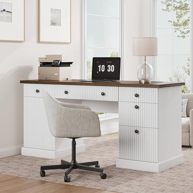 Garvee 60" Office Desk with Storage & Drawers, Fluted Wood Executive Desk with File Drawer & Charging Station, Modern Computer Desk with Adjustable Shelves for Home Office, White
