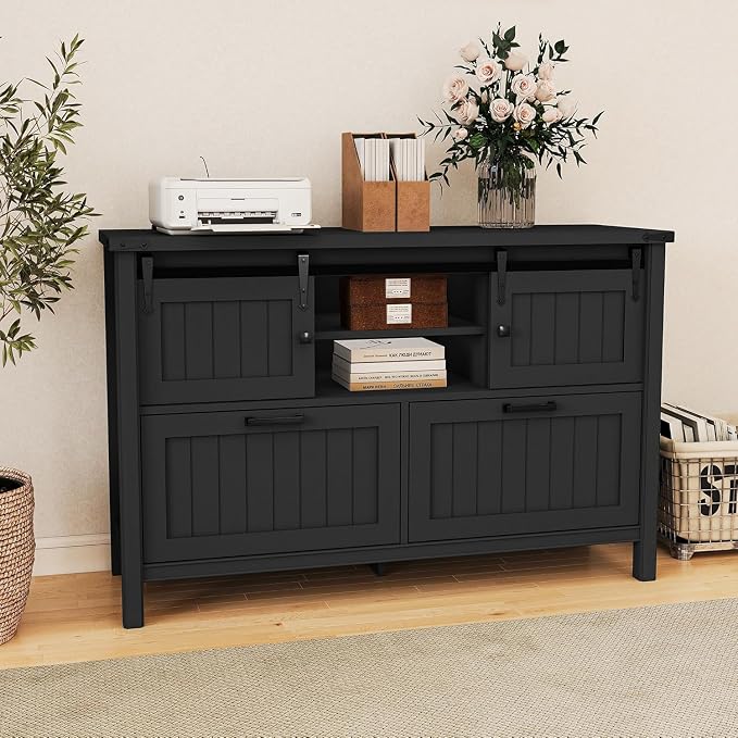 Farmhouse File Cabinet with Charging, Sliding Barn Doors & 2 Drawers, Cute Printer Stand with Open Shelf for Home Office, Remote Work, Black