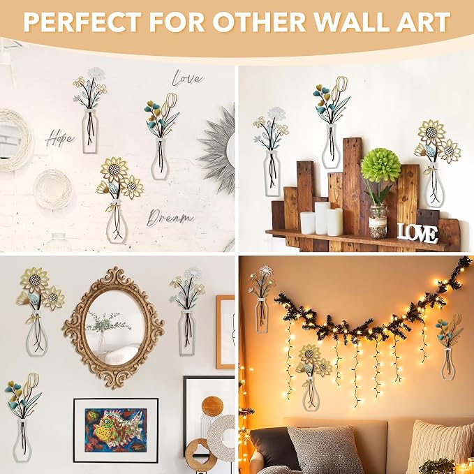 Mcdagogn 3 Pieces Metal Flowers Wall Arts - Rustic Farmhouse Wall Decor, Minimalist Beige Flower Wall Decor for Living room Bathroom Bedroom Laundry Room Kitchen Office - Housewarming Gifts
