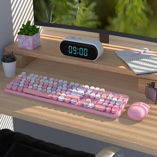 UBOTIE Colorful Wireless Keyboard and Mouse Combos, Retro Typewriter Floating Flexible Full-Sized Keys Computer Keyboard with Optical Mouse, 2.4GHz USB-A Connection for Windows Mac (Pink-Colorful)