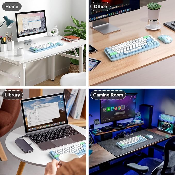 FOPETT Wireless Keyboard and Mouse Cute Mouse and Keyboard 2.4G Wireless Keyboards with Colorful 68 Keys Typewriter Retro Round Keycap for PC, Laptop,Tablet,Computer Windows - Blue Colorful