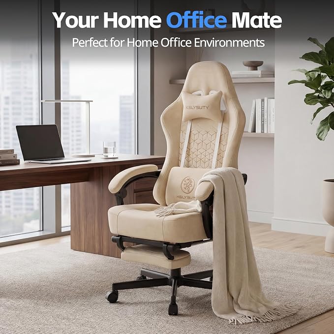 Desk Computer Gaming Chair - Ergonomic Game Office Chair with Extended Footrest and Massage Lumbar Support, Home Gamer Video Game Chairs with Spring Cushion for Adults (Pro Beige Leather)