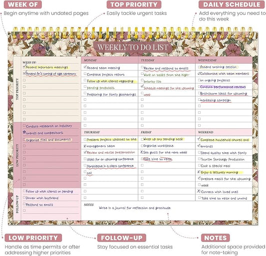Weekly To Do List Notepad with 52 Undated Sheets(8.5"×11")- Undated Weekly Planner Notepad for Office Desk Accessories and Supplies - Mauve Muse