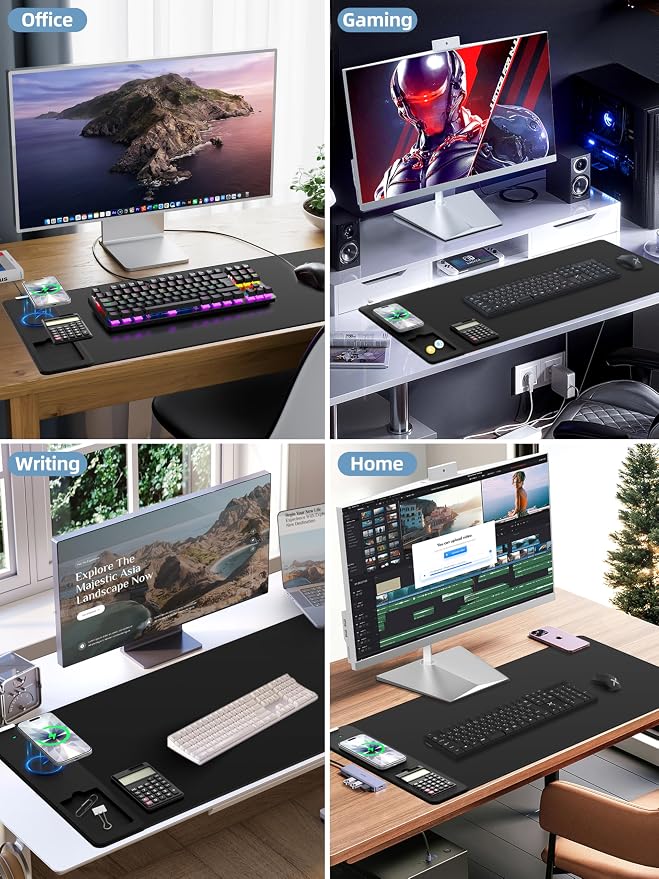 Mouse Pad 31.5x15.75 Inch with Calculator, 15W Magnetic Wireless Charging Desk Mat, XXL Desk Pad, Home Office Large Keyboard Pad with Ultra-Smooth Surface, Non-Slip Base (Black)