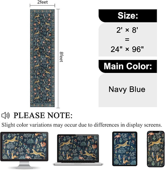 DUKINO Runner Rug, 2x8 Washable Kitchen Rugs for Hallways with Non Slip Backing, Soft Low Pile Vintage Animal Runner for Kitchen, Hallway, Entryway, Laundry, Bedroom, Navy Blue