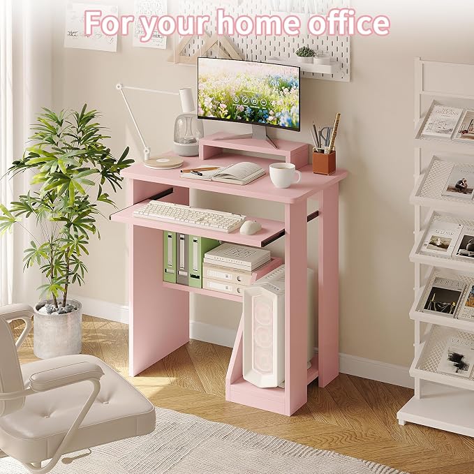 ALISENED 30" Small Computer Desk with Keyboard Tray Monitor Stand, Study Writing Desk with Storage Shelves, Modern Workstation for Small Spaces, Save Space, Pink