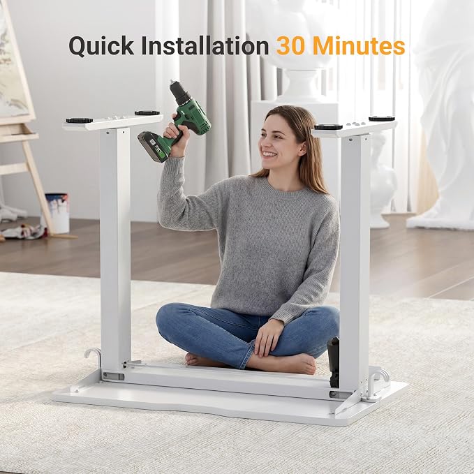 YDN 35" Small Electric Standing Desk Adjustable Height, Sit Stand up Desk with Memory Presets & Cable Management, Home Office Desk for Office & Computer Workstation, White Frame/White Top