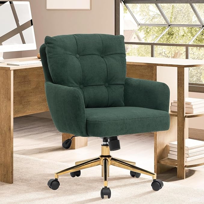 Flannel Office Chair, Comfy Home Office Desk Chairs with Lumbar Support, Modern Plush Fabric Desk Chair Gold Legs Swivel Task Chair for Home Office, Bedroom, Study, Green Upgraded Version