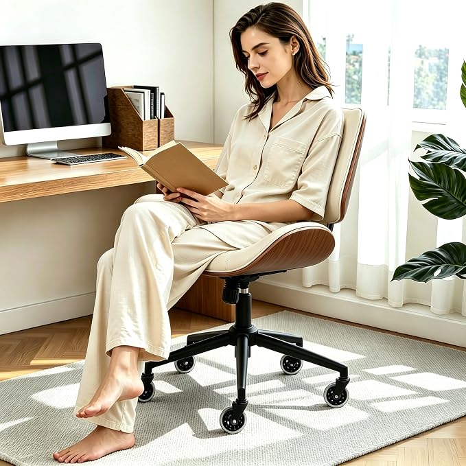 Armless Office Chair with Wheels, Ergonomic Leather Chair, Mid Back 360 Swivel Computer Chair, Modern Walnut Desk Chair for Small Space, Reading, Meeting Room, Beige