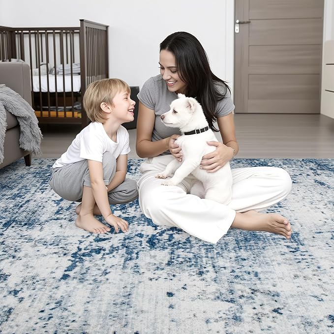 Washable Area Rug 3x8 Entryway Rug: Washable Modern Abstract Soft Thin Rug Indoor Floor No Slip Stain Resistant Carpet for Bedroom Dining Room Farmhouse Nursery Home Office - Blue