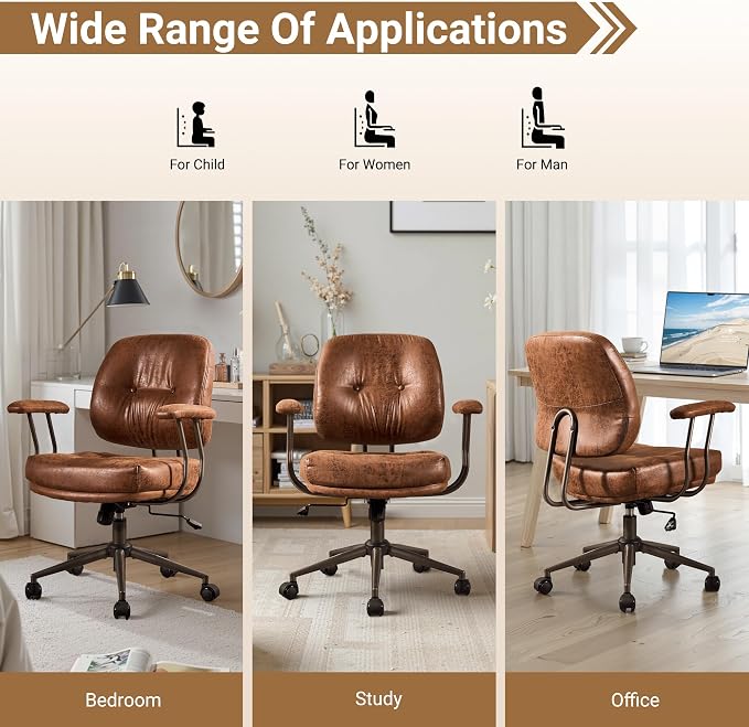 Ergonomic Home Office Chair, Mid-Century Faux Leather Home Office Desk Chairs with Wheels, Office Computer Chair with Rocking Swivel (Dark Brown,Suede)
