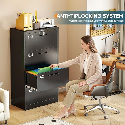 MIIIKO 4 Drawer Lateral File Cabinet with Lock, Black Lateral Filing Cabinets, Metal Storage File Cabinets for Hanging Files Letter/Legal/F4/A4 Size