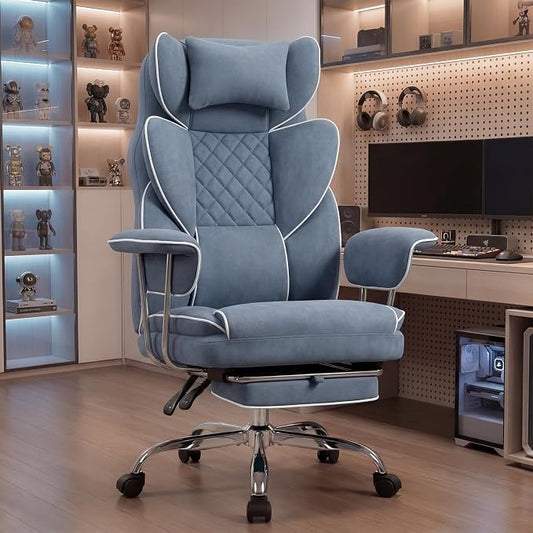 NEO CHAIR Big and Tall Office Chair Gaming Computer Chair High Back Heavy Duty Desk Chai with Lumbar Support Adjustable Recliner Footrest Wide Seat Fabric Executive Home with Wheels (Fabric Blue)