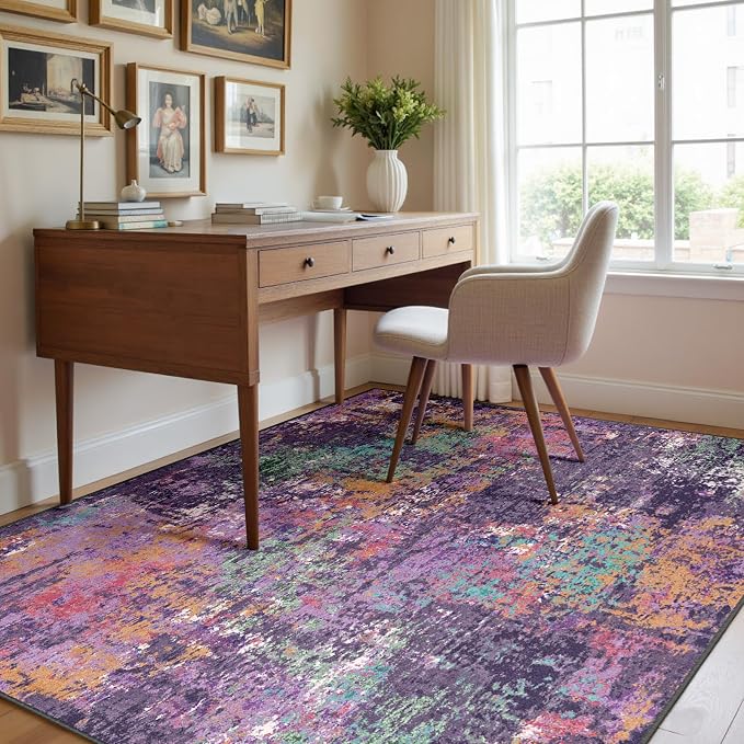 RELEANY Washable Area Rugs Square 8ft Non-Slip Modern Abstract Soft for Living Room Entryway Bedroom Kitchen, Print Pattern, Purple Orange Blue Green Rust Red Colorful