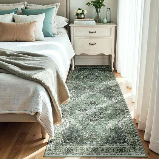 RELEANY Area Rugs Runner 3'x7' Washable Non-Slip, Floral Vintage Distress Medallion Carpet for Kitchen Hallway Bedroom Beside Laundry Room Bathroom, Dark Green Gray